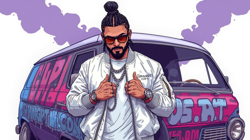 Handsome Bollywood hip hop star with sharp jawline, stylish beard, and braided top knot hair. Wearin.jpg