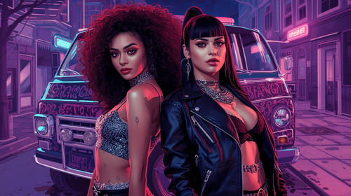 Two sexy Bollywood hip hop women standing side by side like music video queens. One has curly hair, .jpg