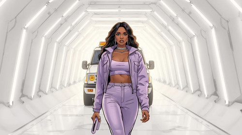 A hip hop superstar walks through an all white concert tunnel with glowing white LED strips and a wh.jpg