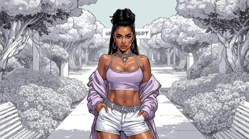 A glamorous Bollywood rapper poses in a surreal white garden set where the trees, benches, path, and.jpg