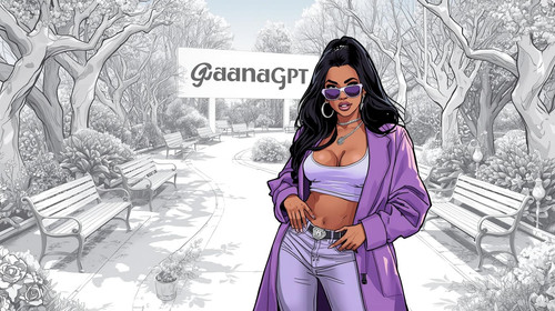 A glamorous Bollywood rapper poses in a surreal white garden set where the trees, benches, path, and.jpg