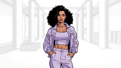 A bold hip hop woman stands inside a huge white exhibition hall filled with white pillars, white flo.jpg