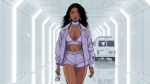 A striking Bollywood style street rapper walks through an ultra minimal white corridor with glowing .jpg