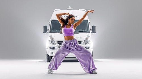 A Bollywood style hip hop dancer mid pose, wearing a lavender sports top and light purple loose pant.jpg
