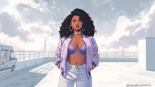 A sexy illustrated Indian hip hop queen stands on a white painted rooftop under diffused white light.jpg