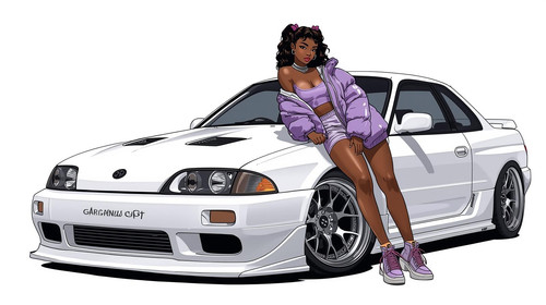 Bold Bollywood hip hop girl leaning against the hood of a white GaanaGPT branded custom car. Wearing.jpg