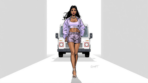 A glamorous desi hip hop woman walking on a white runway with a white GaanaGPT truck parked behind. .jpg