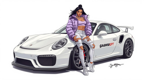 Bold Bollywood hip hop girl leaning against the hood of a white GaanaGPT branded custom car. Wearing.jpg
