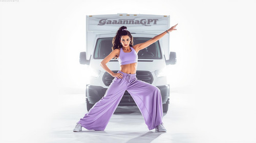 A Bollywood style hip hop dancer mid pose, wearing a lavender sports top and light purple loose pant.jpg