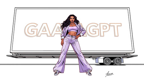 A bold Indian hip hop queen poses in front of a huge white billboard that displays a pale embossed G.jpg