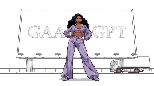 A bold Indian hip hop queen poses in front of a huge white billboard that displays a pale embossed G.jpg