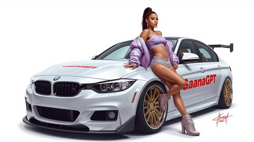 Bold Bollywood hip hop girl leaning against the hood of a white GaanaGPT branded custom car. Wearing.jpg