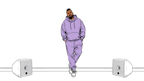 A charismatic male Bollywood rapper leans against a pure white sound stage wall. He wears only laven.jpg