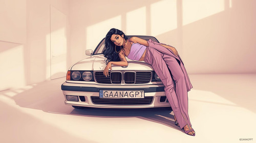 A fierce Bollywood street performer leans on the hood of a white GaanaGPT branded car inside an all .jpg