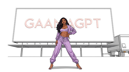 A bold Indian hip hop queen poses in front of a huge white billboard that displays a pale embossed G.jpg