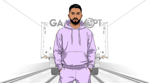 A handsome Bollywood rapper with trimmed beard, undercut hairstyle, wearing light purple streetwear .jpg