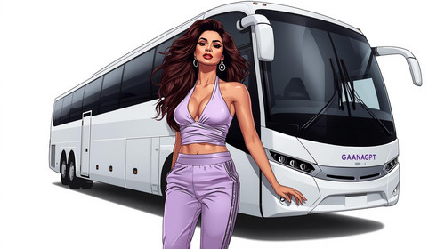 Sexy illustrated Bollywood model leaning against a fully white GaanaGPT bus. She wears a fitted ligh.jpg