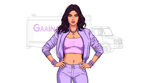 Bollywood hip hop diva standing confidently against a completely white backdrop, wearing only light .jpg