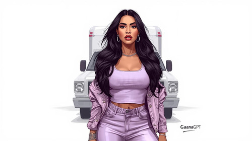 A gorgeous Indian rap queen with long shiny hair, wearing a light purple tank top and lavender denim.jpg