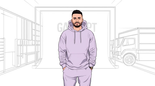 A handsome Bollywood rapper with trimmed beard, undercut hairstyle, wearing light purple streetwear .jpg