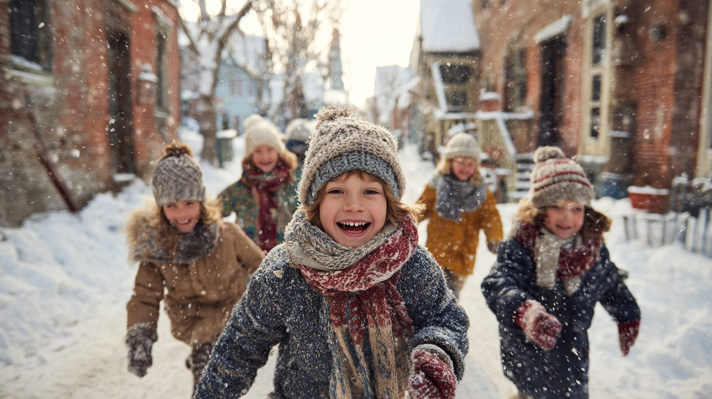 Дети в теплой зимней одежде на улице