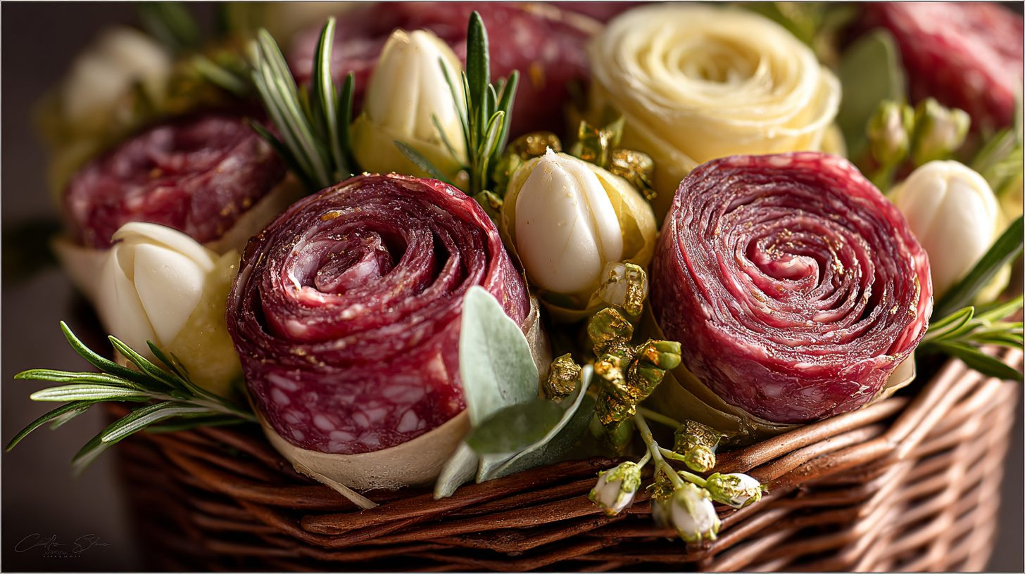 Съедобный букет для особого случая с мясными и сырными элементами