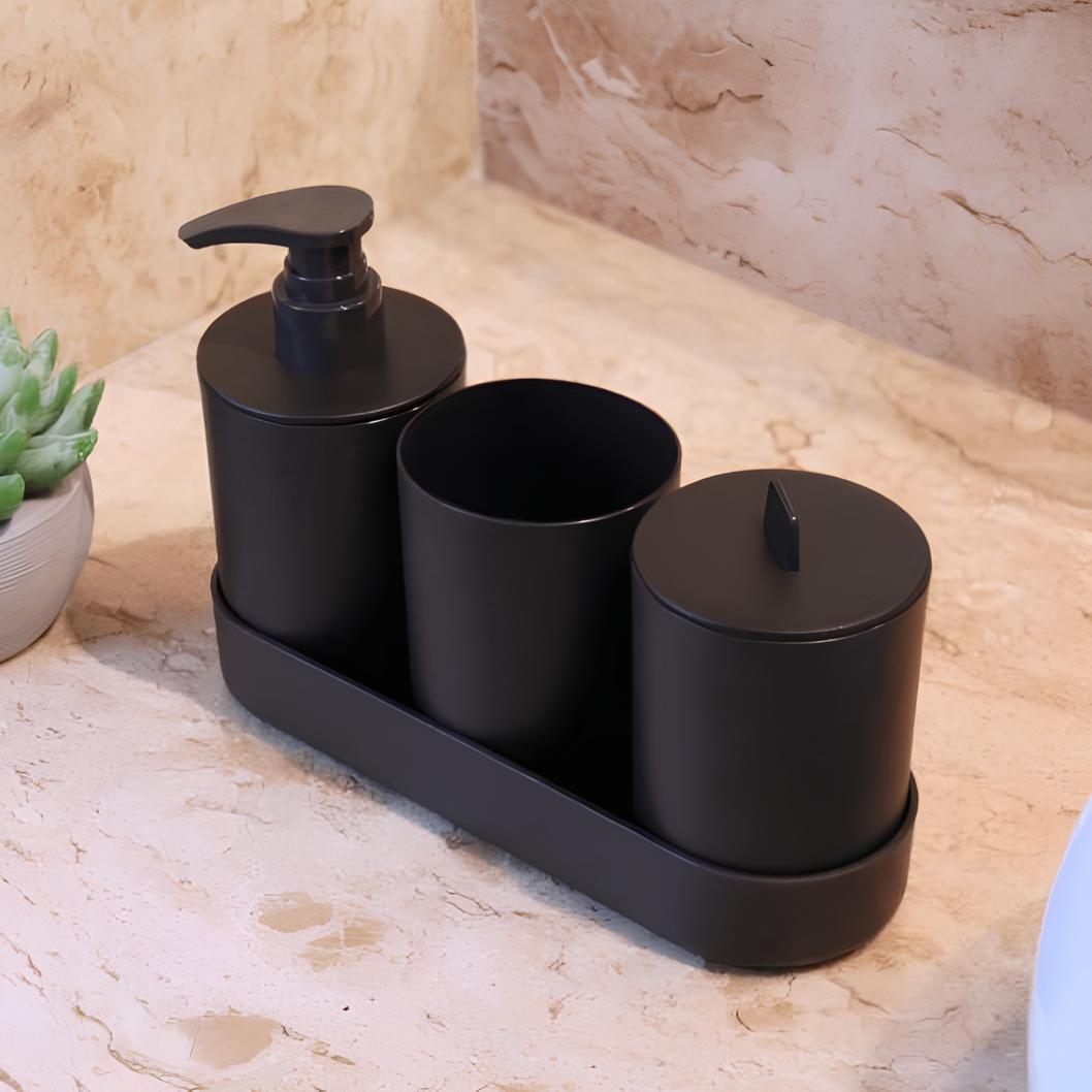 LYOR – Conjunto 4 Peças de Bambu e PP para Banheiro Preto – Porta-sabonete líquido, Porta-escova de dentes, Saboneteira, Porta Algodão