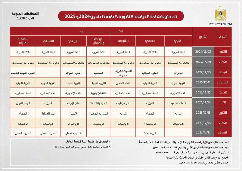 برنامج امتحانات الدورة الثانية الثانوية العامة للعامين 2024 و 2025 للطلبة داخل قطاع غزة...