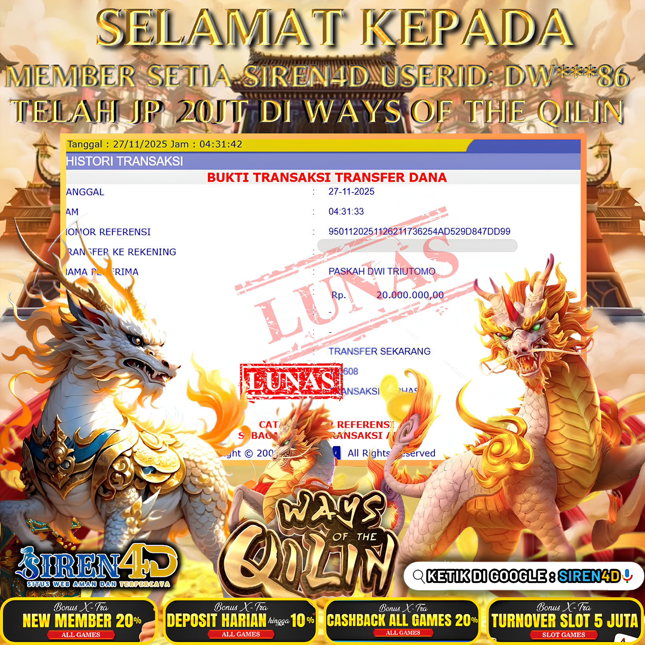 SIREN4D  - JACKPOT DI GAME WAYS OF THE QILIN RP 20 JT DIBAYAR LUNAS