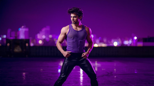 A seductive Indian male performer stands on a glossy purple lit rooftop wearing a violet mesh top an.jpg