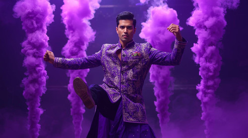 A muscular Indian superstar wearing a royal purple embroidered sherwani jacket with a modern dance t.jpg