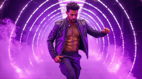 A handsome Indian music video superstar stands in the center of a purple LED tunnel, wearing a bold .jpg