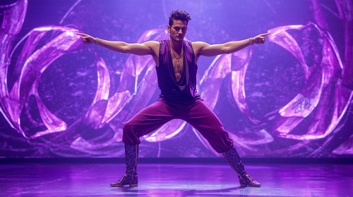 An Indian dance icon wearing a sleeveless purple vest and metallic violet boots performs a high ener.jpg