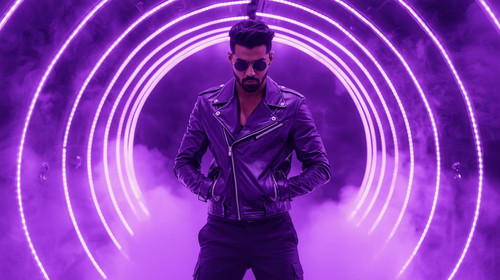 A handsome Indian music video superstar stands in the center of a purple LED tunnel, wearing a bold .jpg