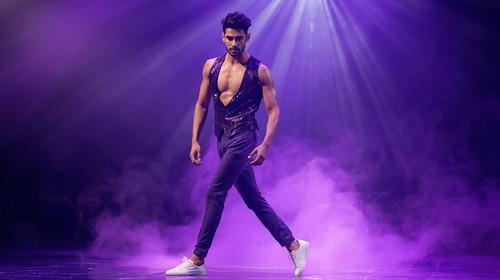 A charismatic Indian male performer in a deep purple sequined vest and fitted violet pants moves sen.jpg