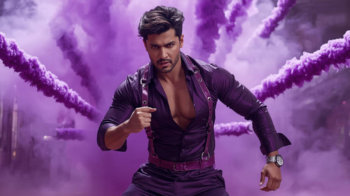A fit Indian superstar wearing a violet metallic harness over a deep purple shirt dominates the scen.jpg
