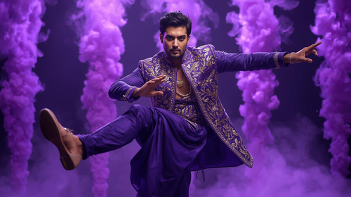 A muscular Indian superstar wearing a royal purple embroidered sherwani jacket with a modern dance t.jpg