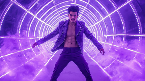 A handsome Indian music video superstar stands in the center of a purple LED tunnel, wearing a bold .jpg