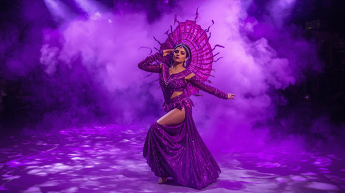 The lead Indian performer dances in a seductive neon purple outfit with reflective textures that cat.jpg