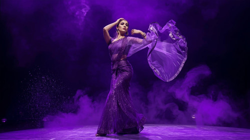 A beautiful Indian dance star in a sheer purple sequined saree drape performs fluid yet sensual chor.jpg