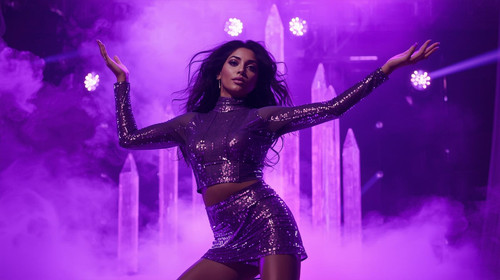 A bold Indian actress dancer performs in a shiny purple holographic outfit as violet fog swirls arou.jpg