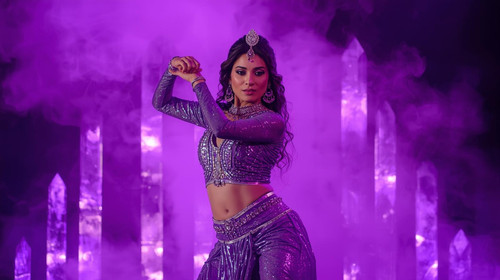 A bold Indian actress dancer performs in a shiny purple holographic outfit as violet fog swirls arou.jpg