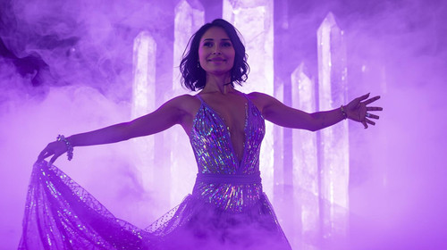 A bold Indian actress dancer performs in a shiny purple holographic outfit as violet fog swirls arou.jpg
