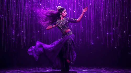 A seductive Indian dance favorite stands under cascading purple lights, wearing a richly textured vi.jpg