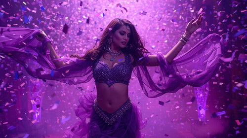 A captivating Indian music video sensation performs in a sensuous purple chiffon outfit with shimmer.jpg