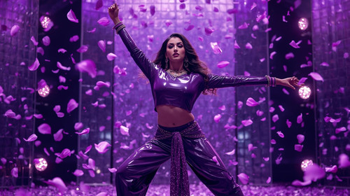 A breathtaking Indian dance icon performs in a glossy purple latex outfit that gleams under the ultr.jpg