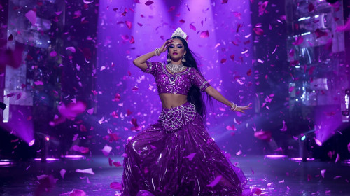 A breathtaking Indian dance icon performs in a glossy purple latex outfit that gleams under the ultr.jpg
