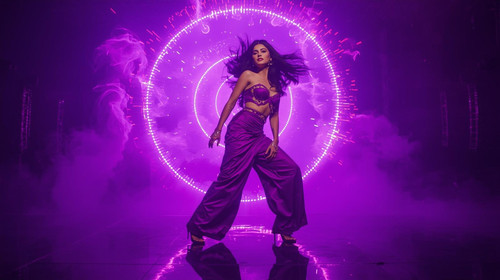 Bathed in a halo of purple strobe lights, a fierce Indian music video diva bursts into motion wearin.jpg