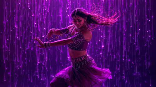 A seductive Indian dance favorite stands under cascading purple lights, wearing a richly textured vi.jpg