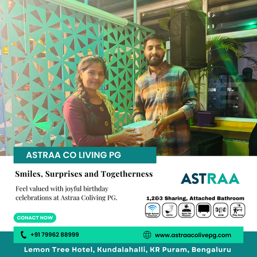 Birthdays at Astraa Coliving PG feel special with surprises, cake and friendly company..png